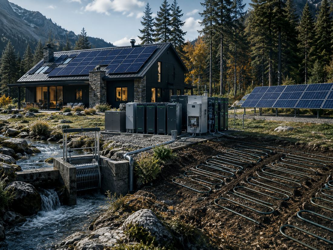 Off-grid energy systems featuring solar, geothermal, hydro power, and battery storage