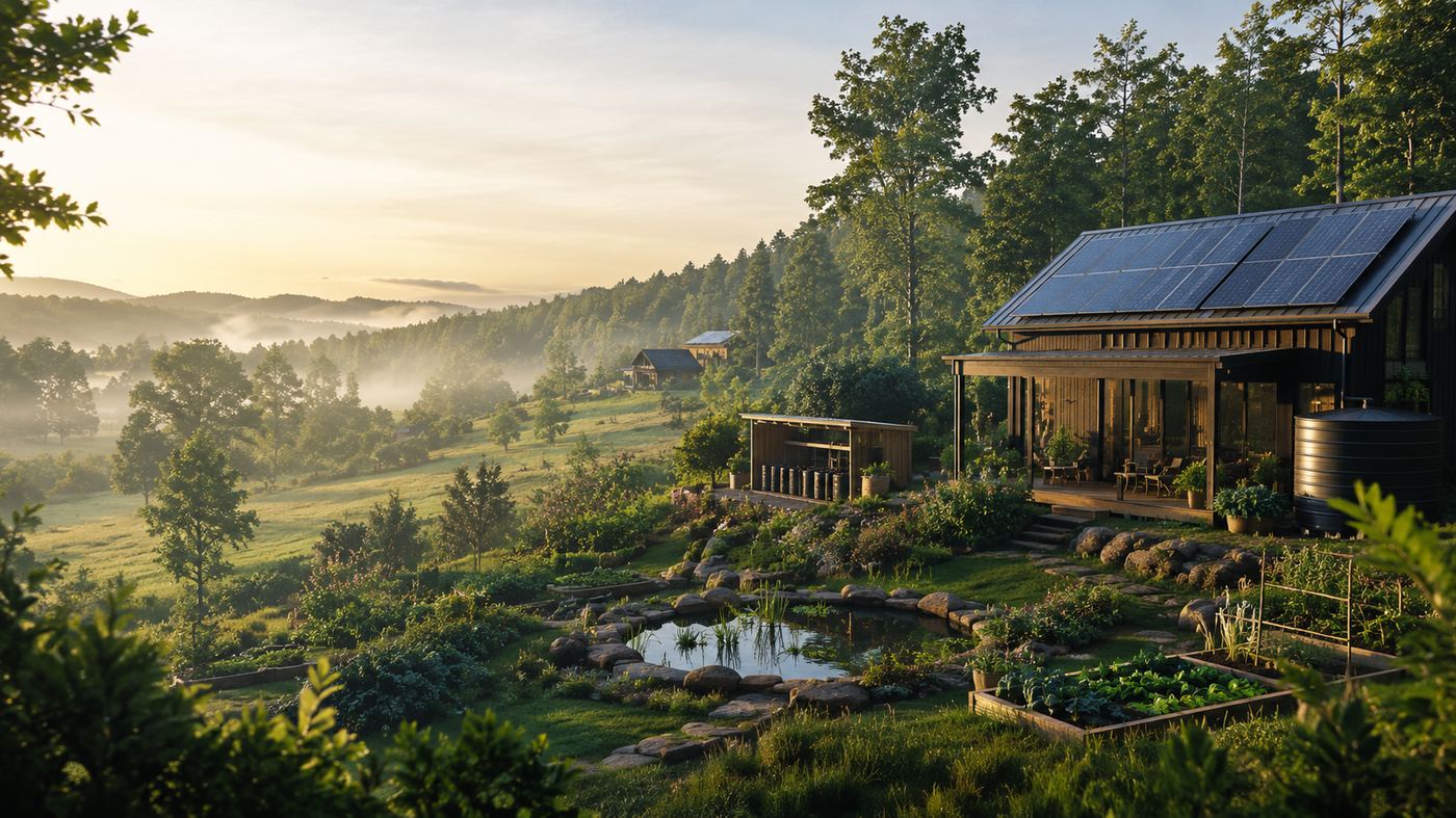 Off-grid homestead with gardens, pond, rainwater collection, and solar power